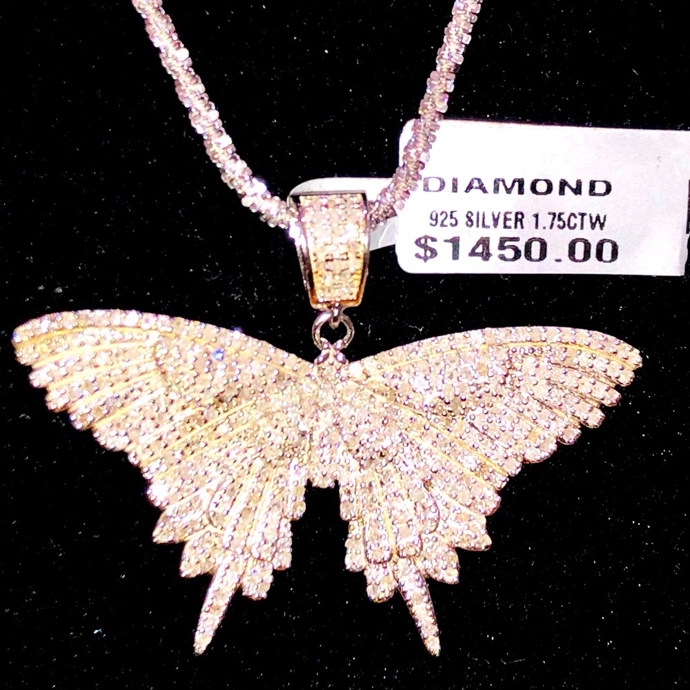 REAL DIAMOND Butterfly pendant 1.75ct not CZ Charm